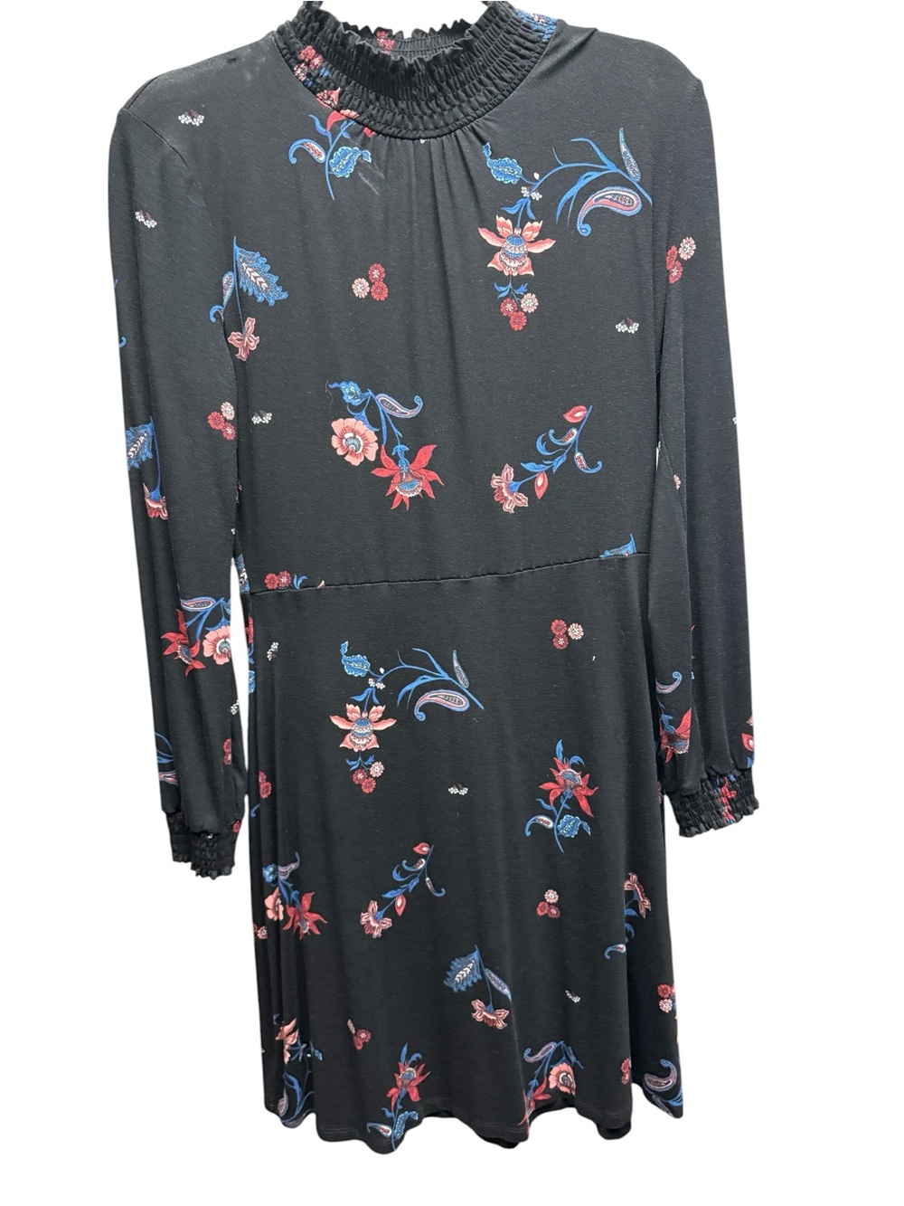 Warehouse Floral Mock Neck Smocked Dress Long Sleeve Boho Black Size US 8 UK 12